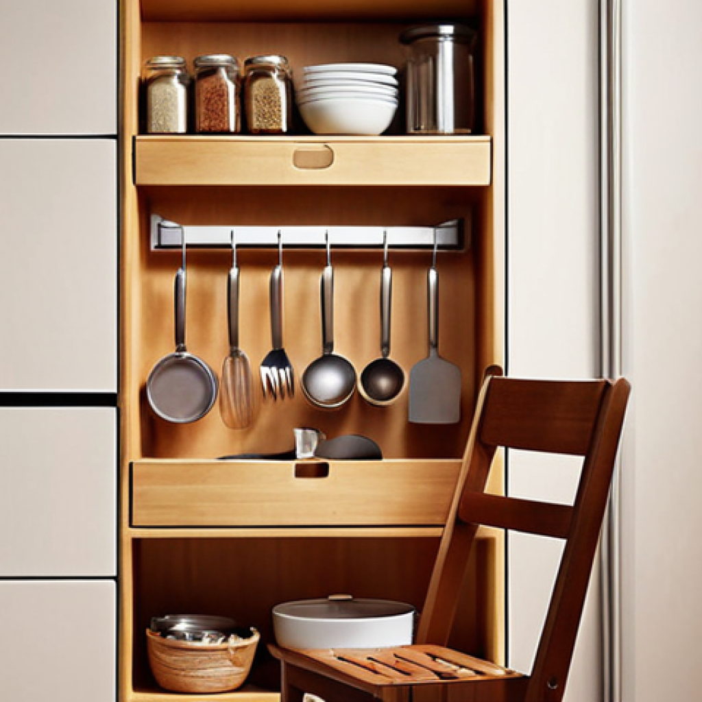 **A compact, stylish kitchen featuring a foldable wooden chair neatly tucked away.** The kitchen design incorporates smart storage solutions like wall-mounted shelves with spice racks and hanging organizers for utensils. Soft, warm lighting enhances the inviting atmosphere. Focus on showcasing the efficient use of space.