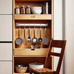 **A compact, stylish kitchen featuring a foldable wooden chair neatly tucked away.** The kitchen design incorporates smart storage solutions like wall-mounted shelves with spice racks and hanging organizers for utensils. Soft, warm lighting enhances the inviting atmosphere. Focus on showcasing the efficient use of space.