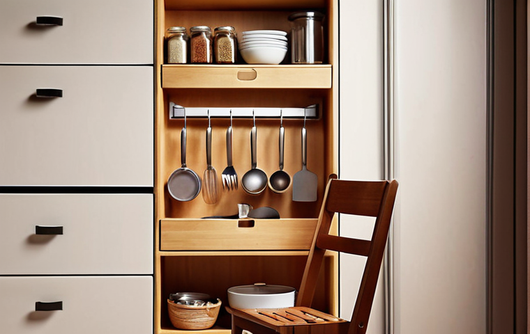 **A compact, stylish kitchen featuring a foldable wooden chair neatly tucked away.** The kitchen design incorporates smart storage solutions like wall-mounted shelves with spice racks and hanging organizers for utensils. Soft, warm lighting enhances the inviting atmosphere. Focus on showcasing the efficient use of space.