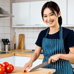**

A modern kitchen scene showcasing a woman (30s, Japanese) using high-quality, stainless steel kitchen shears to prepare chicken. She is smiling and appears confident. The kitchen is clean and well-lit. She wears a modest, professional-looking apron over a casual outfit. Perfect anatomy, correct proportions, well-formed hands, proper finger count, natural pose. Safe for work, appropriate content, fully clothed, professional, family-friendly. High quality, professional photography.

**