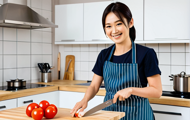 **

A modern kitchen scene showcasing a woman (30s, Japanese) using high-quality, stainless steel kitchen shears to prepare chicken. She is smiling and appears confident. The kitchen is clean and well-lit. She wears a modest, professional-looking apron over a casual outfit. Perfect anatomy, correct proportions, well-formed hands, proper finger count, natural pose. Safe for work, appropriate content, fully clothed, professional, family-friendly. High quality, professional photography.

**
