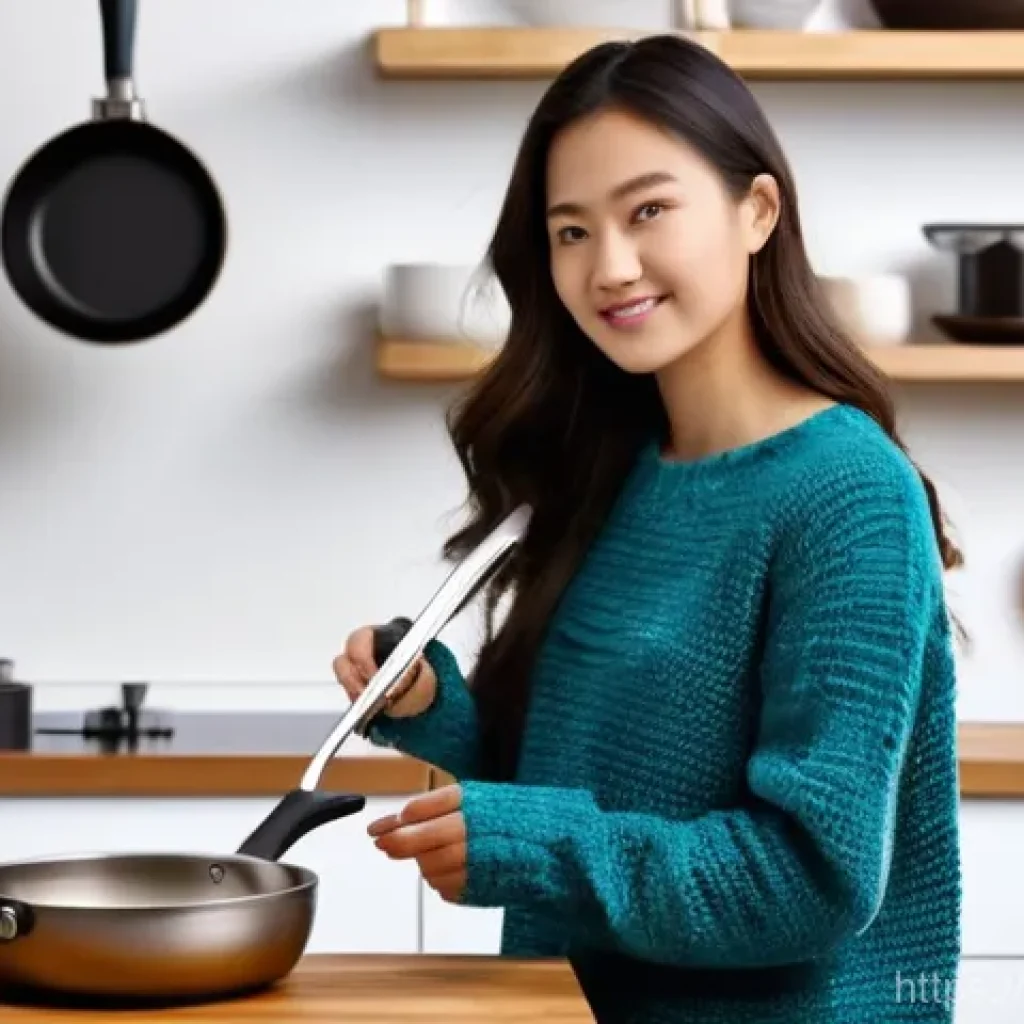 요리 초보자를 위한 기본 조리 도구 - **Prompt:** A young woman, around 22 years old, with a bright and thoughtful expression, is standing...