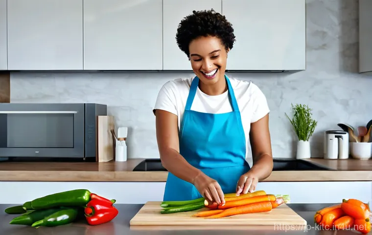 요리 초보자를 위한 기본 조리 도구 - **Prompt:** A young woman, around 22 years old, with a bright and thoughtful expression, is standing...