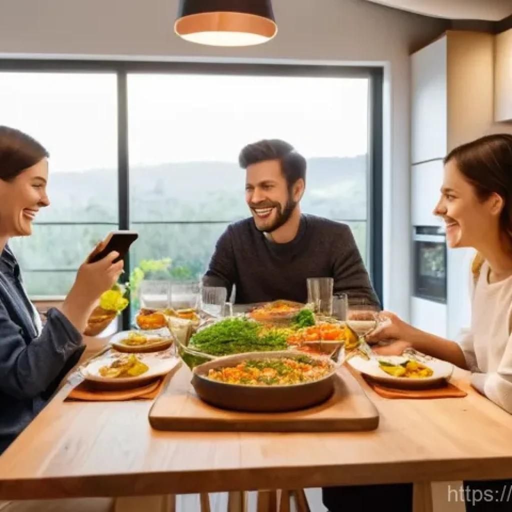 다기능 오븐의 활용법 - **"A vibrant and cozy modern kitchen, featuring a happy family of four (two parents, a boy, and a gi...