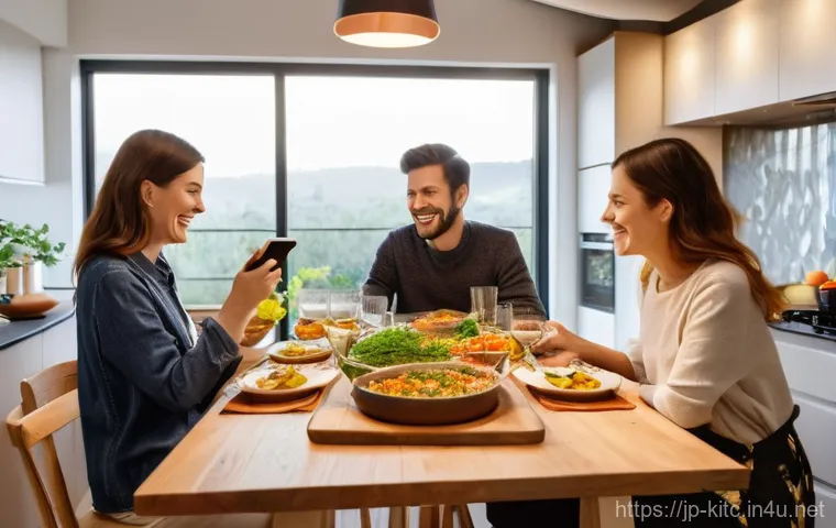 다기능 오븐의 활용법 - **"A vibrant and cozy modern kitchen, featuring a happy family of four (two parents, a boy, and a gi...