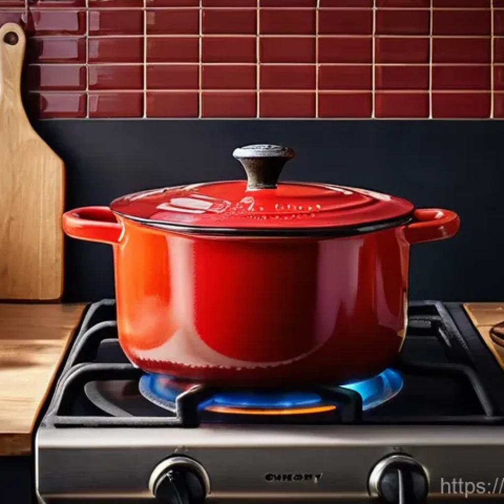 최고의 고급 냄비 브랜드 비교 - A close-up, top-down shot of a vibrant, cherry-red cast iron enamel pot (e.g., Le Creuset style) sim...