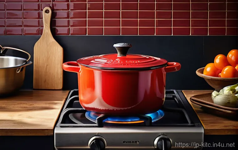 최고의 고급 냄비 브랜드 비교 - A close-up, top-down shot of a vibrant, cherry-red cast iron enamel pot (e.g., Le Creuset style) sim...
