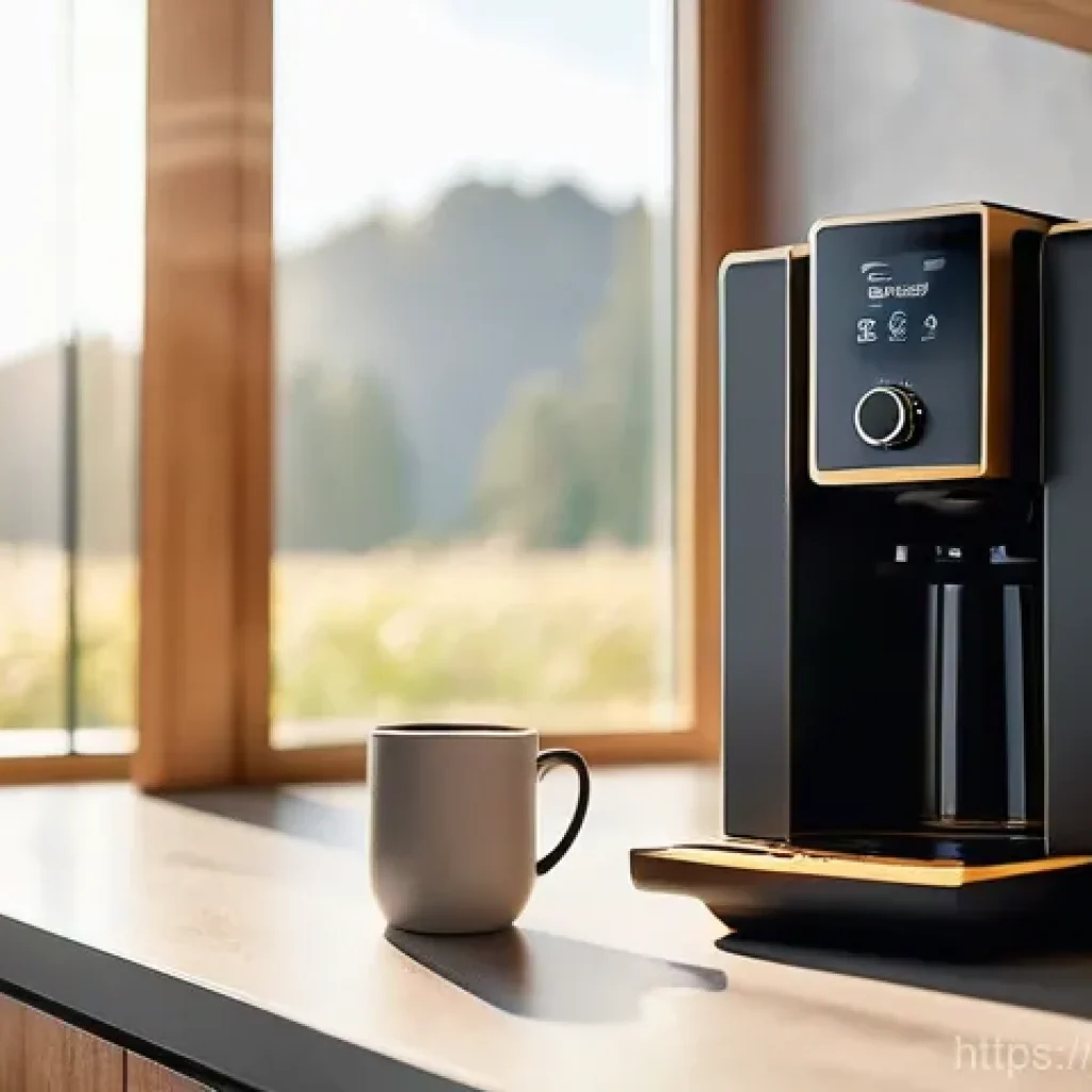 스마트 커피메이커의 최신 기능 - **Prompt:** A serene and cozy morning scene. A person's hand reaches for a perfectly brewed, steamin...