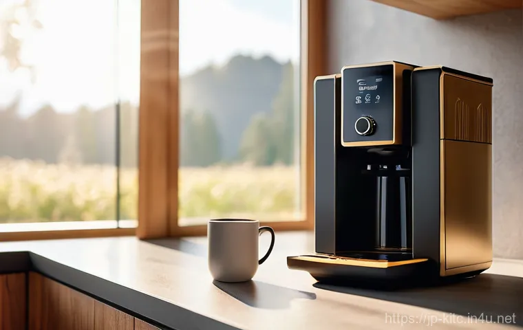 스마트 커피메이커의 최신 기능 - **Prompt:** A serene and cozy morning scene. A person's hand reaches for a perfectly brewed, steamin...