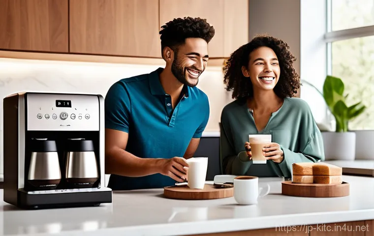 스마트 커피메이커의 최신 기능 - **Prompt:** A close-up, dynamic shot of a sophisticated smart coffee maker precisely brewing a perso...