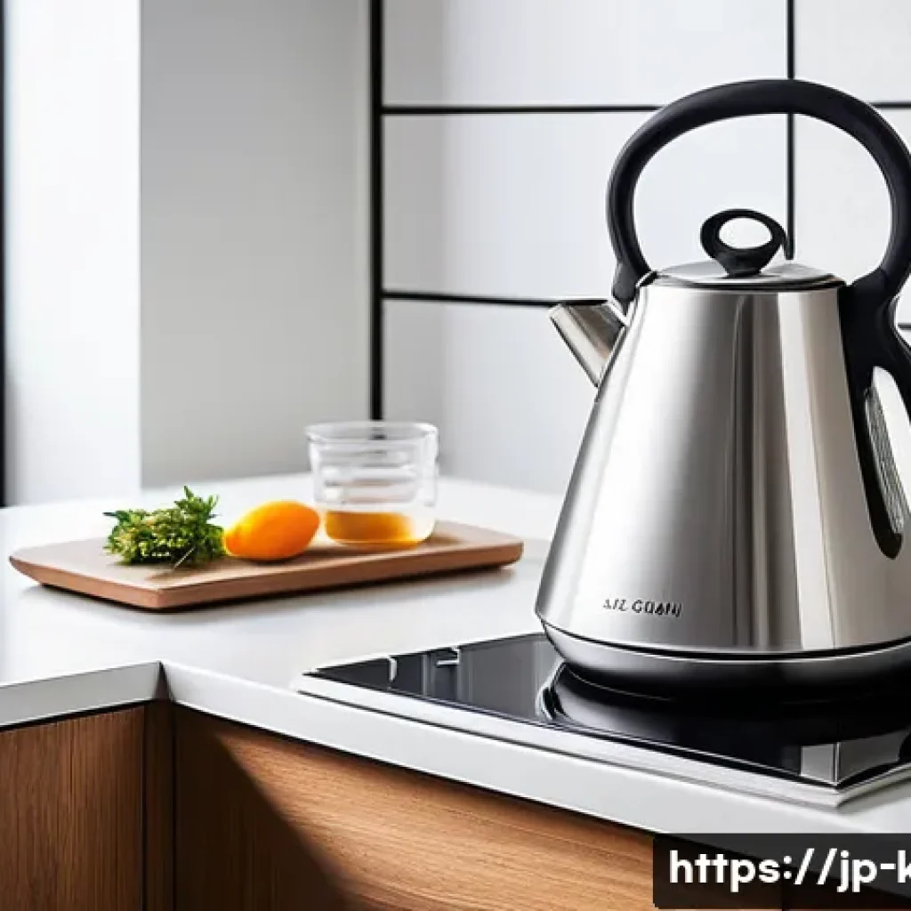 인덕션 전용 주전자와 일반 주전자 비교 - A sleek, modern induction kettle placed on an induction cooktop in a bright, minimalist Japanese kit...