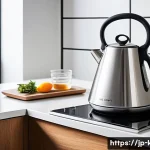 인덕션 전용 주전자와 일반 주전자 비교 - A sleek, modern induction kettle placed on an induction cooktop in a bright, minimalist Japanese kit...