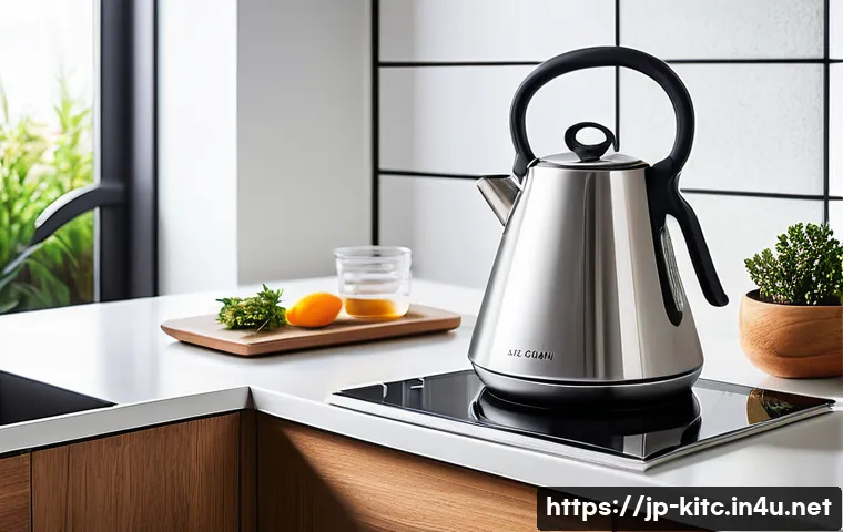 인덕션 전용 주전자와 일반 주전자 비교 - A sleek, modern induction kettle placed on an induction cooktop in a bright, minimalist Japanese kit...