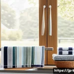 다목적 주방 타월의 활용법 - A bright, modern Japanese kitchen scene showcasing a variety of multipurpose kitchen towels neatly a...