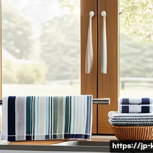 다목적 주방 타월의 활용법 - A bright, modern Japanese kitchen scene showcasing a variety of multipurpose kitchen towels neatly a...