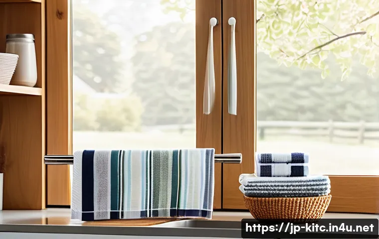 다목적 주방 타월의 활용법 - A bright, modern Japanese kitchen scene showcasing a variety of multipurpose kitchen towels neatly a...