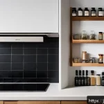 주방 조미료 정리 아이디어 - A modern, compact Japanese kitchen with a narrow layout, featuring neatly organized spice bottles ar...