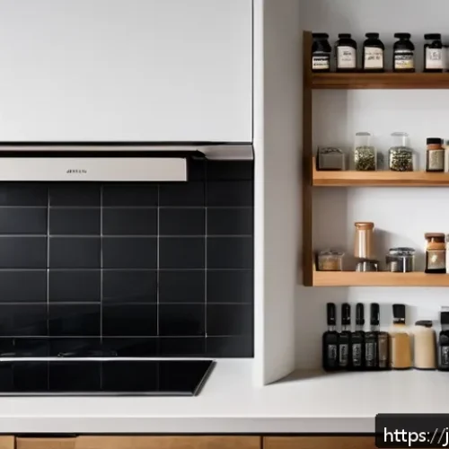 주방 조미료 정리 아이디어 - A modern, compact Japanese kitchen with a narrow layout, featuring neatly organized spice bottles ar...