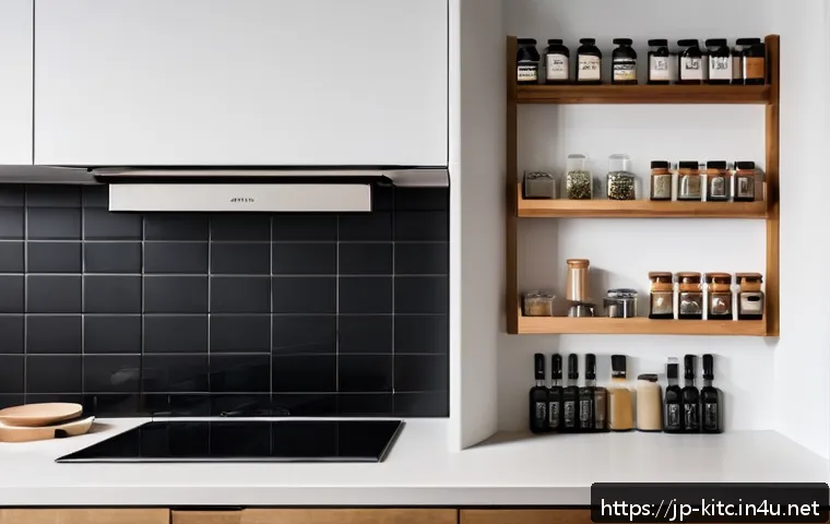 주방 조미료 정리 아이디어 - A modern, compact Japanese kitchen with a narrow layout, featuring neatly organized spice bottles ar...