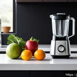 소형 믹서기와 대형 믹서기 비교 - A modern Japanese kitchen countertop scene showcasing a compact, small-sized blender with a transpar...