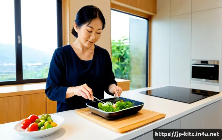 스마트 조리 도구의 장점 - Photorealistic modern Japanese home kitchen, a middle-aged woman confidently preparing a healthy din...