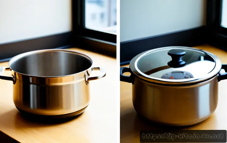 스마트 냄비와 일반 냄비 비교 - Photorealistic side-by-side kitchen countertop comparison of a sleek smart cooking pot with a small ...